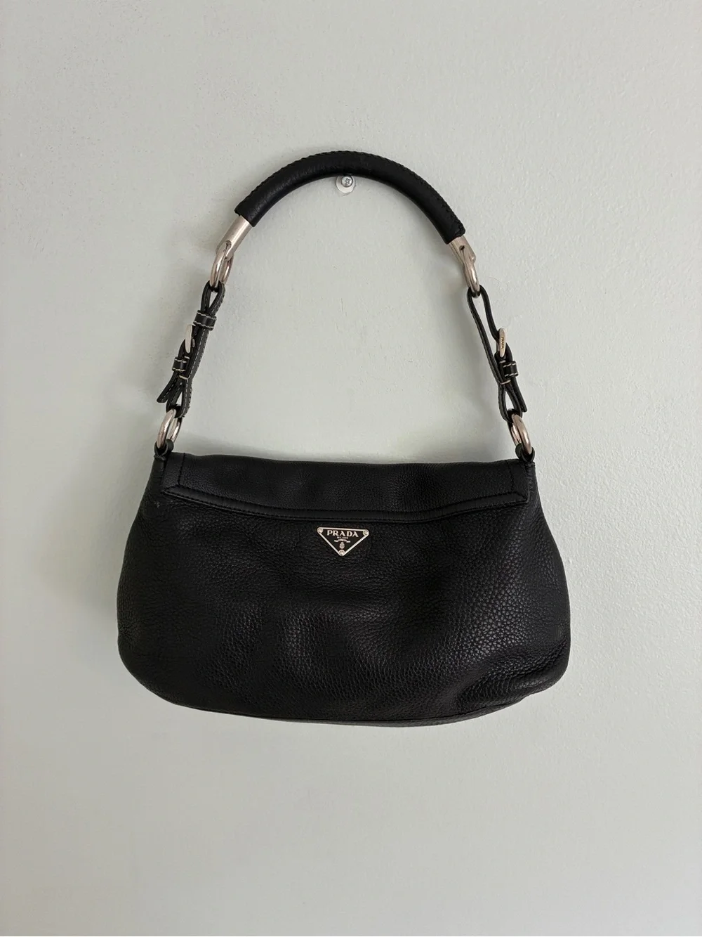 Prada Vitello Daino Black Pebble Leather Shoulder Bag